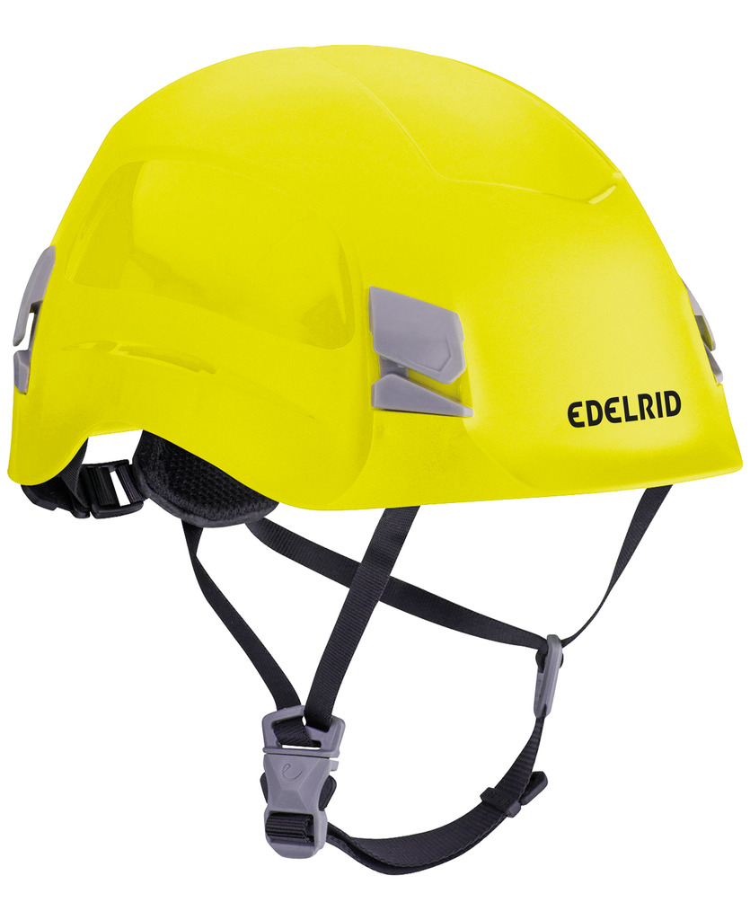 Gelber Kletterhelm von Edelrid mit verstellbaren Riemen für optimalen Schutz beim Klettern und Bergsteigen.