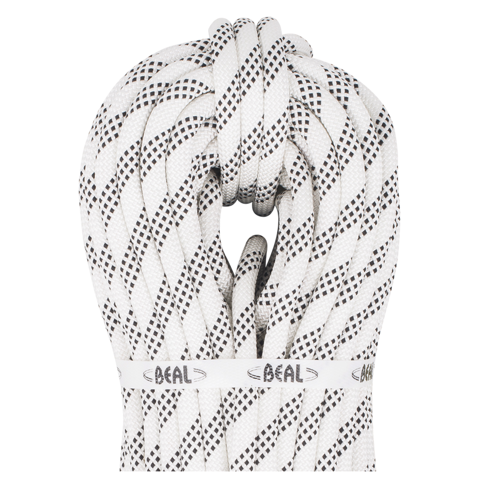 Weißes Kletterseil mit schwarzem Muster, hochwertig und robust, ideal für Kletter- und Outdoor-Aktivitäten.