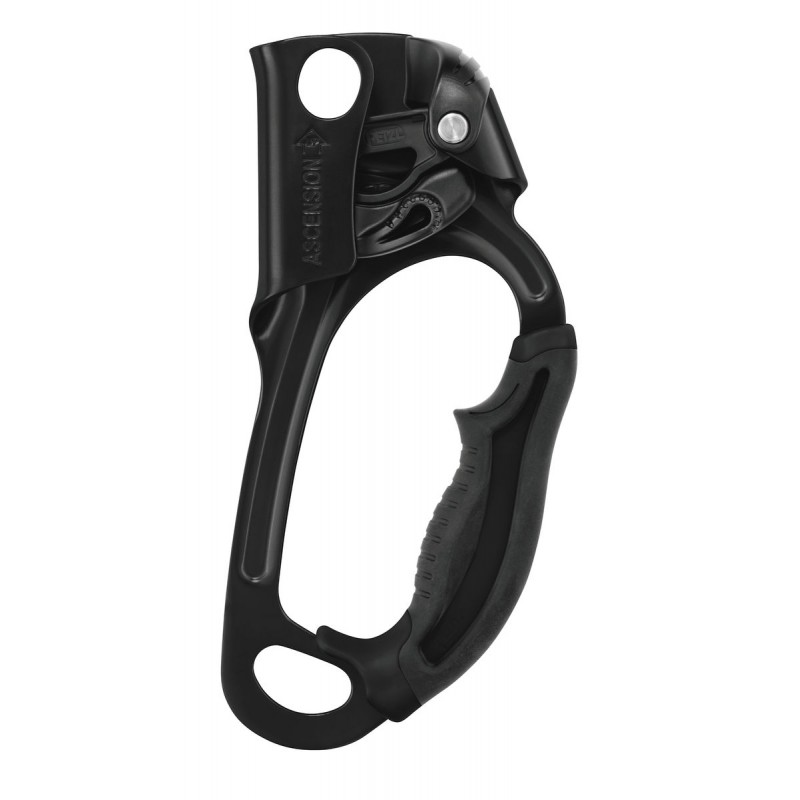 Schwarzer Klettersteig-Ascender mit ergonomischem Griff und Sicherheitsmechanismus für Bergsport und Klettern.