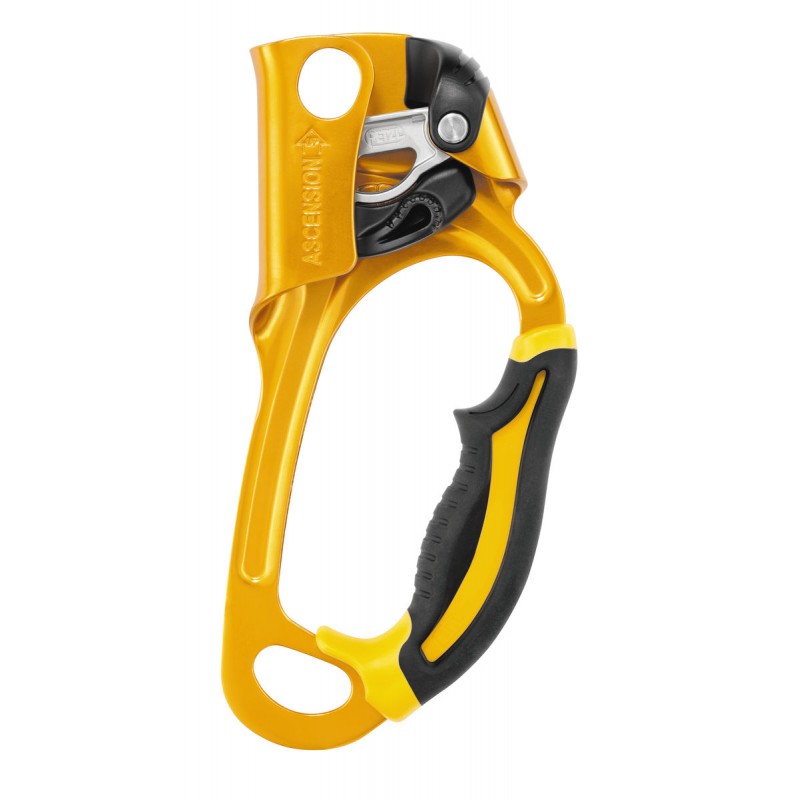 Gelber Klettersteig-Hebel mit ergonomischem Griff und integrierter Bremsmechanik für sicheres Bergsteigen.