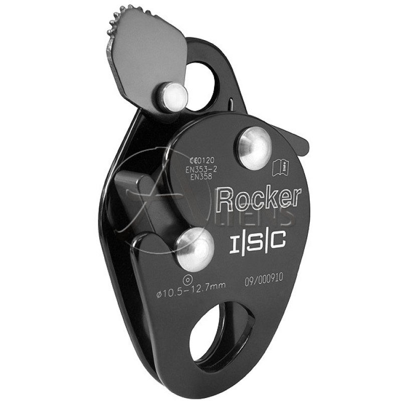 Rocker von ISC, ein schwarzer Abseilgerät für Seile von 10,5 bis 12,7 mm, ideal für Klettern und Rettungseinsätze.