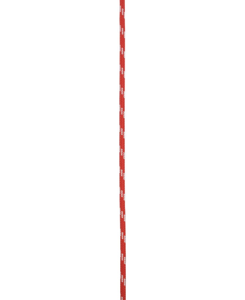 Rotes, geflochtenes Seil mit weißen Streifen, ideal für Outdoor-Aktivitäten und Klettern.
