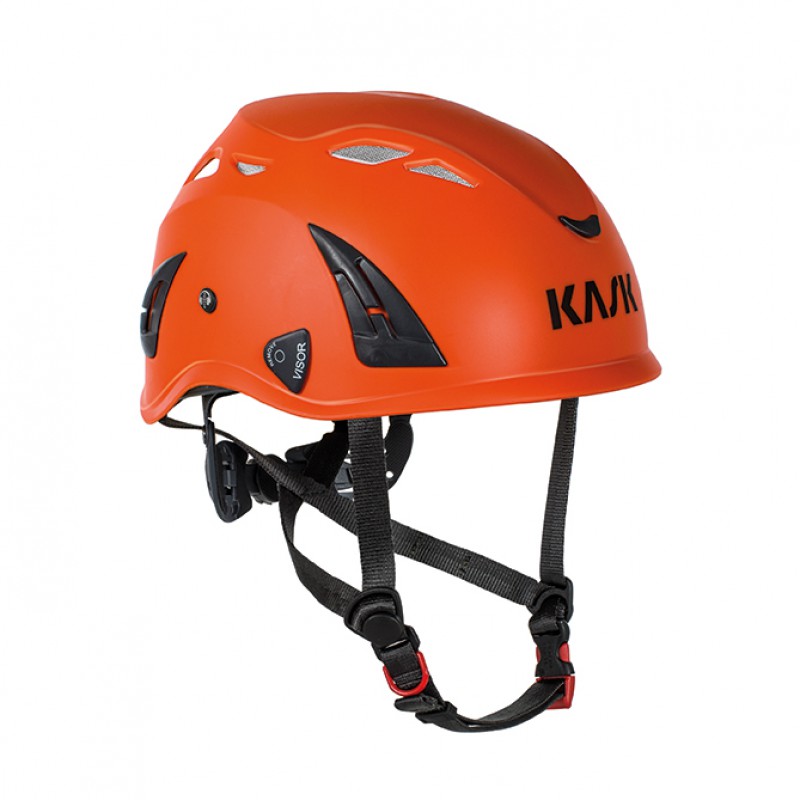 Oranger Kask Helm für Klettern und Bergsteigen mit verstellbarem Kinnriemen und Belüftungsschlitzen.
