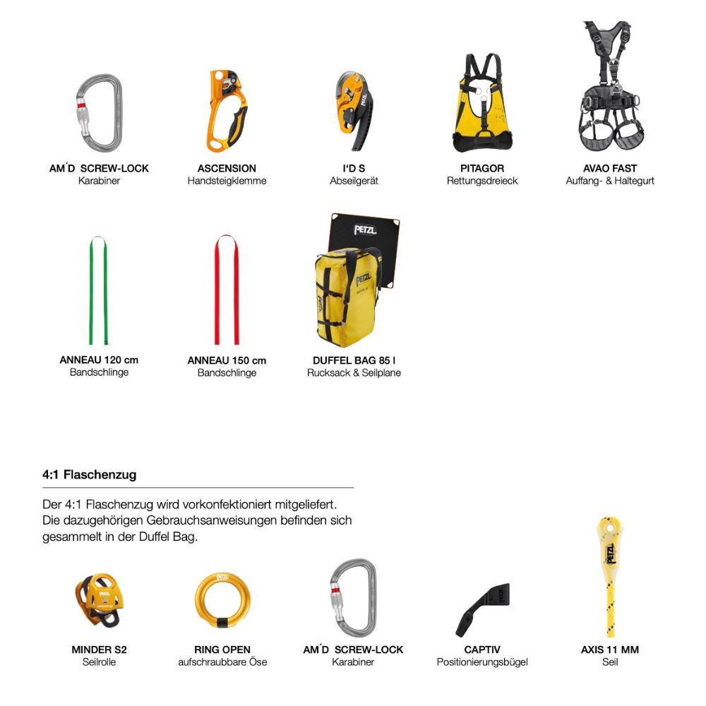 Petzl Feuerwehrgerätesatz Auf- und Abseilgeräte für die einfache Rettung aus Höhen und Tiefen gemäß DIN 14800-16 | PE-K104AB00