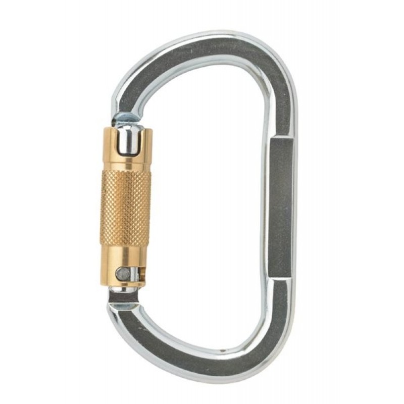 Sicherheitskarabiner mit Schraubverschluss aus Metall, ideal für Klettern und Outdoor-Aktivitäten.