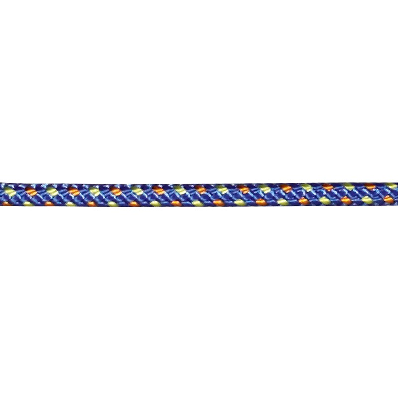 Bunte, geflochtene Schnur in Blau mit gelben und orangen Akzenten, ideal für Outdoor-Aktivitäten und Handwerksprojekte.