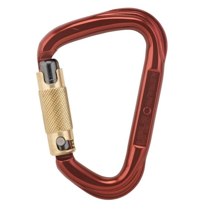 Roter Karabiner mit Schraubverschluss, ideal für Klettern und Outdoor-Aktivitäten.
