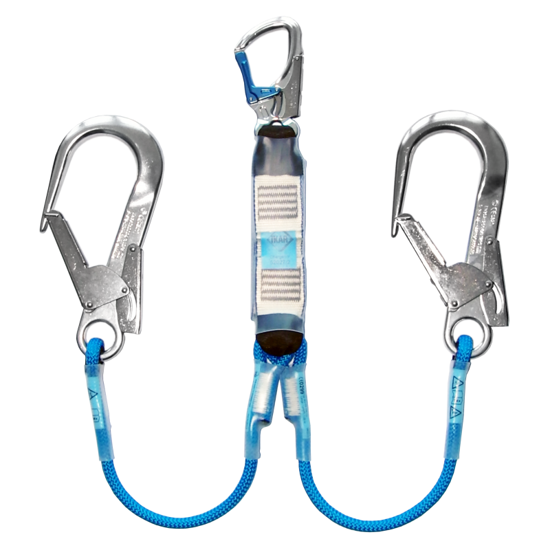 Sicherheitsausrüstung mit zwei Karabinern und einem Verbindungselement für Kletter- und Arbeitsanwendungen.