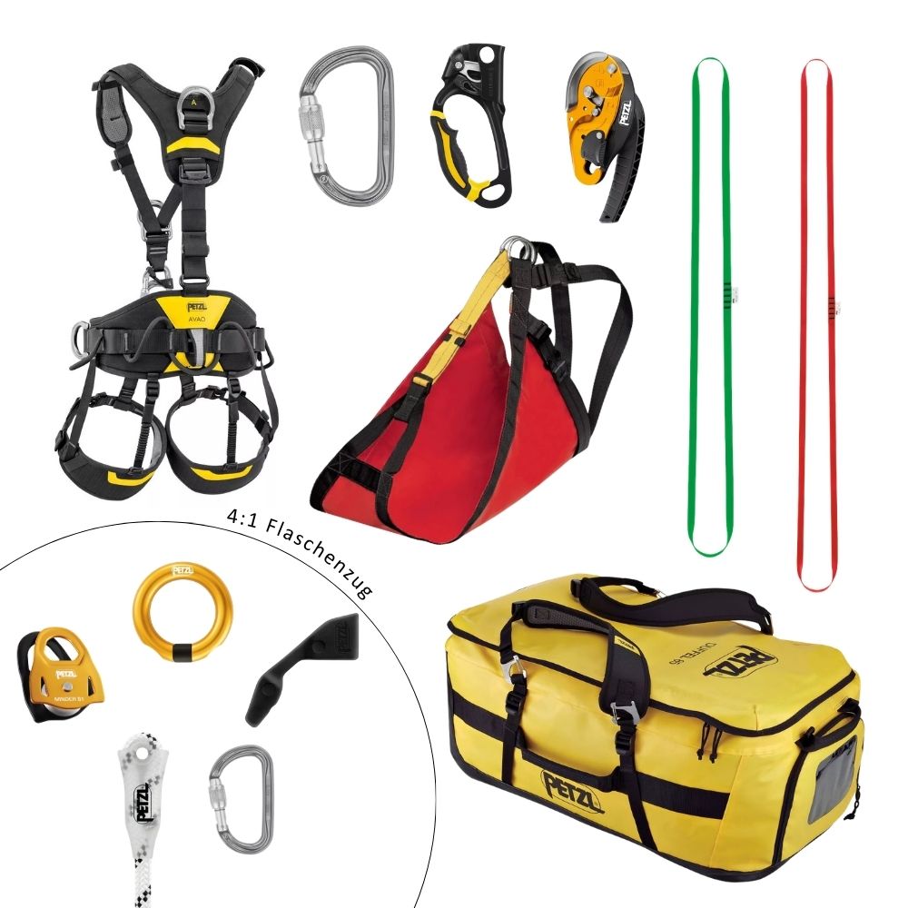 Petzl Feuerwehrgerätesatz Auf- und Abseilgeräte für die einfache Rettung aus Höhen und Tiefen gemäß DIN 14800-16