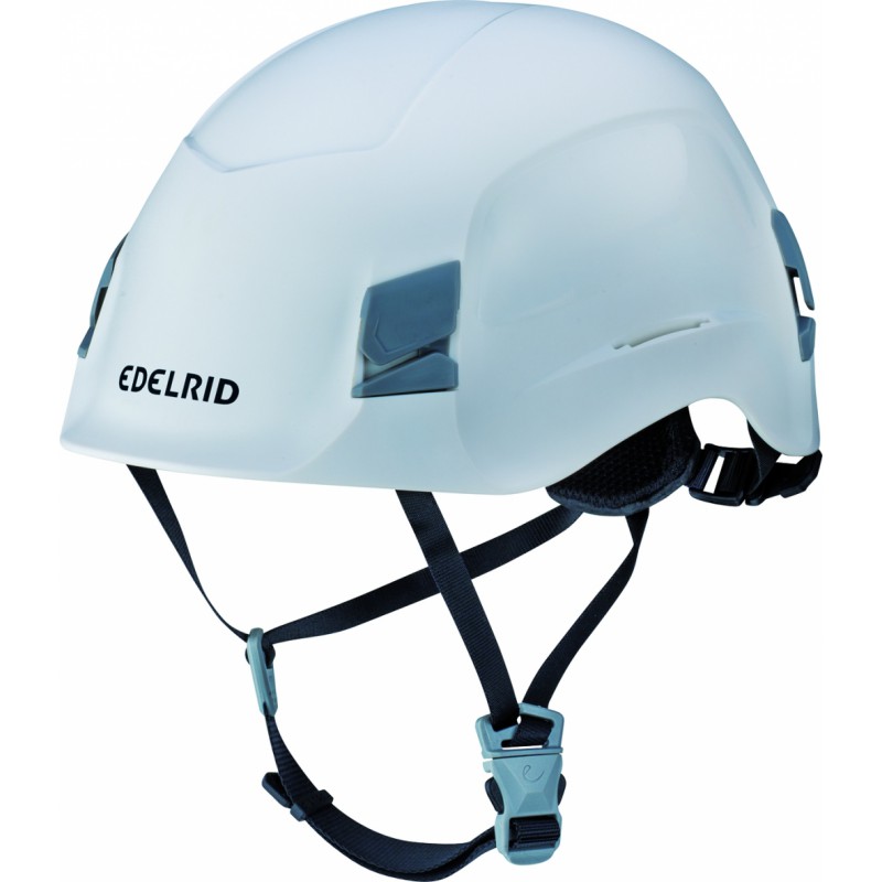 Edelrid Kletterhelm in Weiß mit verstellbarem Riemen für optimalen Schutz beim Bergsteigen und Klettern.