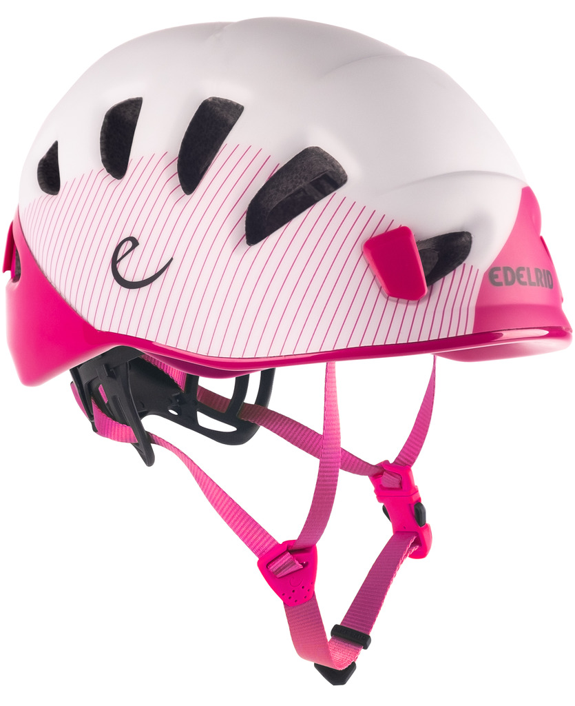 Edelrid Fahrradhelm in Weiß und Pink mit Belüftungsöffnungen und verstellbarem Riemen.