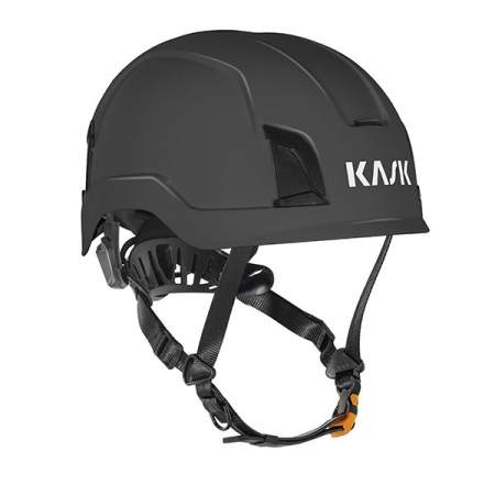 Schwarzer Kask Helm für Arbeitssicherheit mit verstellbarem Kinnriemen und Belüftungsschlitzen.