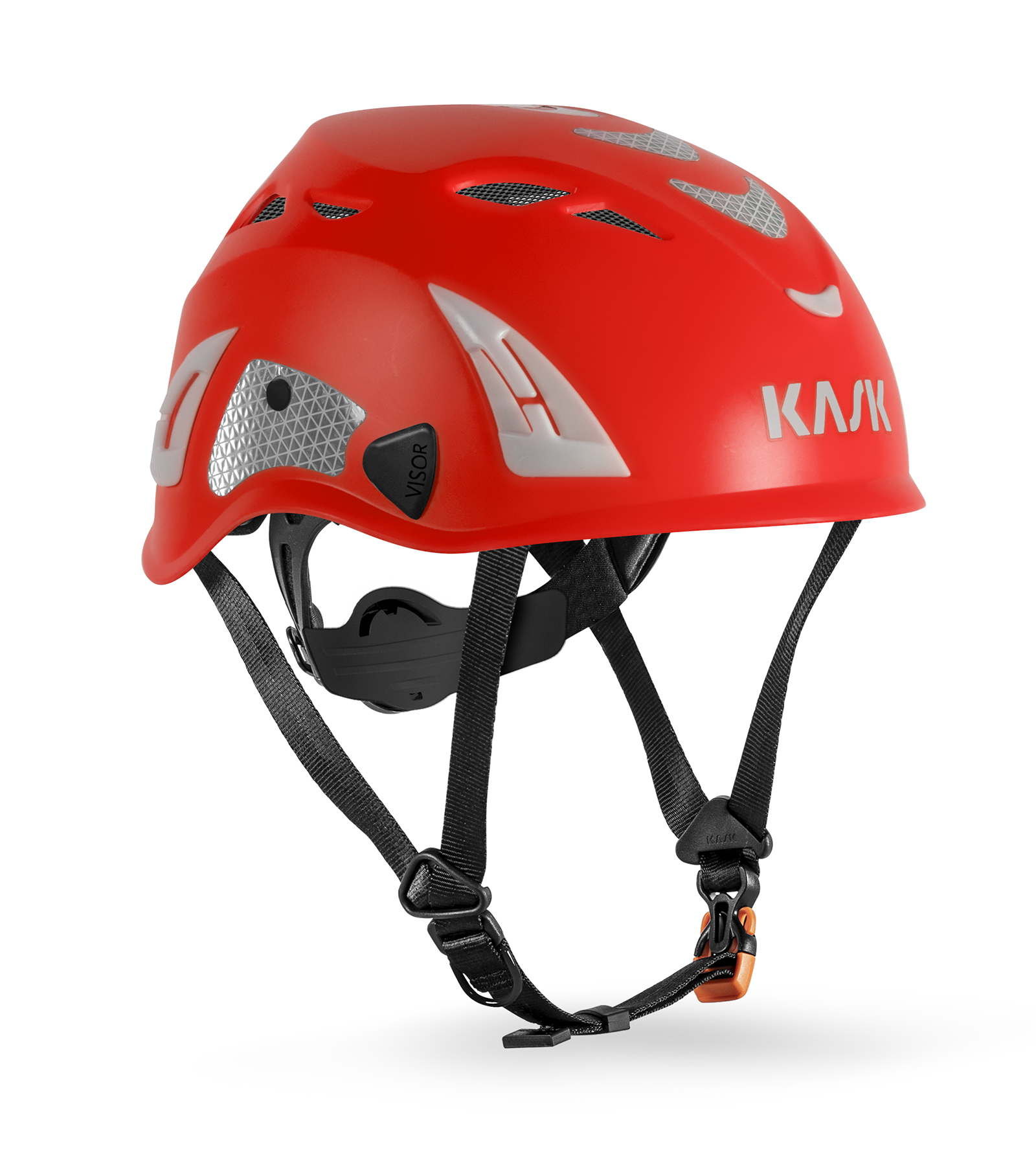 Roter Kask Helm für Klettern mit verstellbaren Riemen und Belüftungslöchern, ideal für Sicherheit beim Sport.