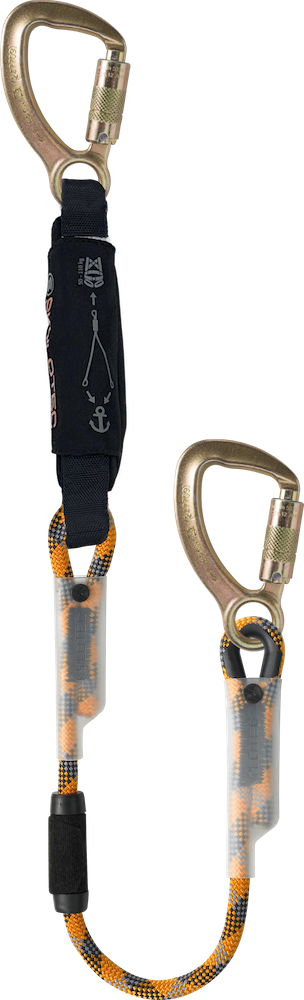 Sicherheitskarabiner mit elastischem Verbindungselement für Kletter- und Sicherungsaktivitäten.