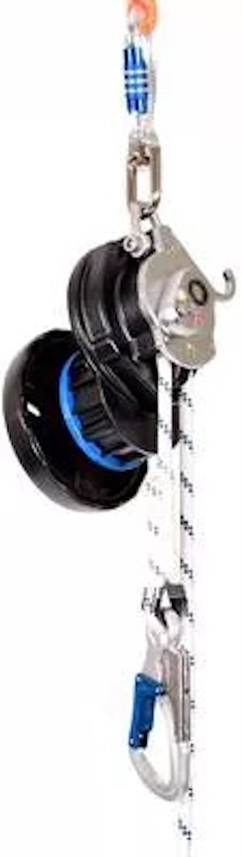 Seilrolle mit Karabiner und Seil für Kletter- und Sicherungstechnik, ideal für Outdoor-Aktivitäten.