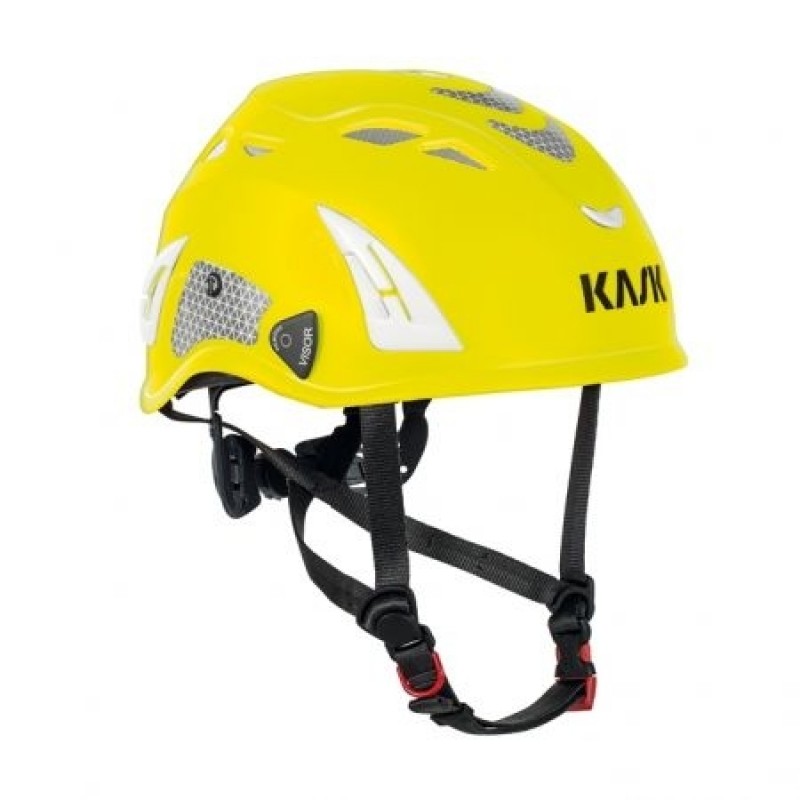 Gelber Kletterhelm mit Belüftung und verstellbarem Kinnriemen für Sicherheit beim Bergsteigen und Klettern.