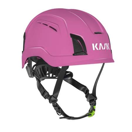 Pinkfarbener Kletterhelm von KASK mit verstellbarem Riemen und Belüftungsschlitzen für Sicherheit und Komfort.