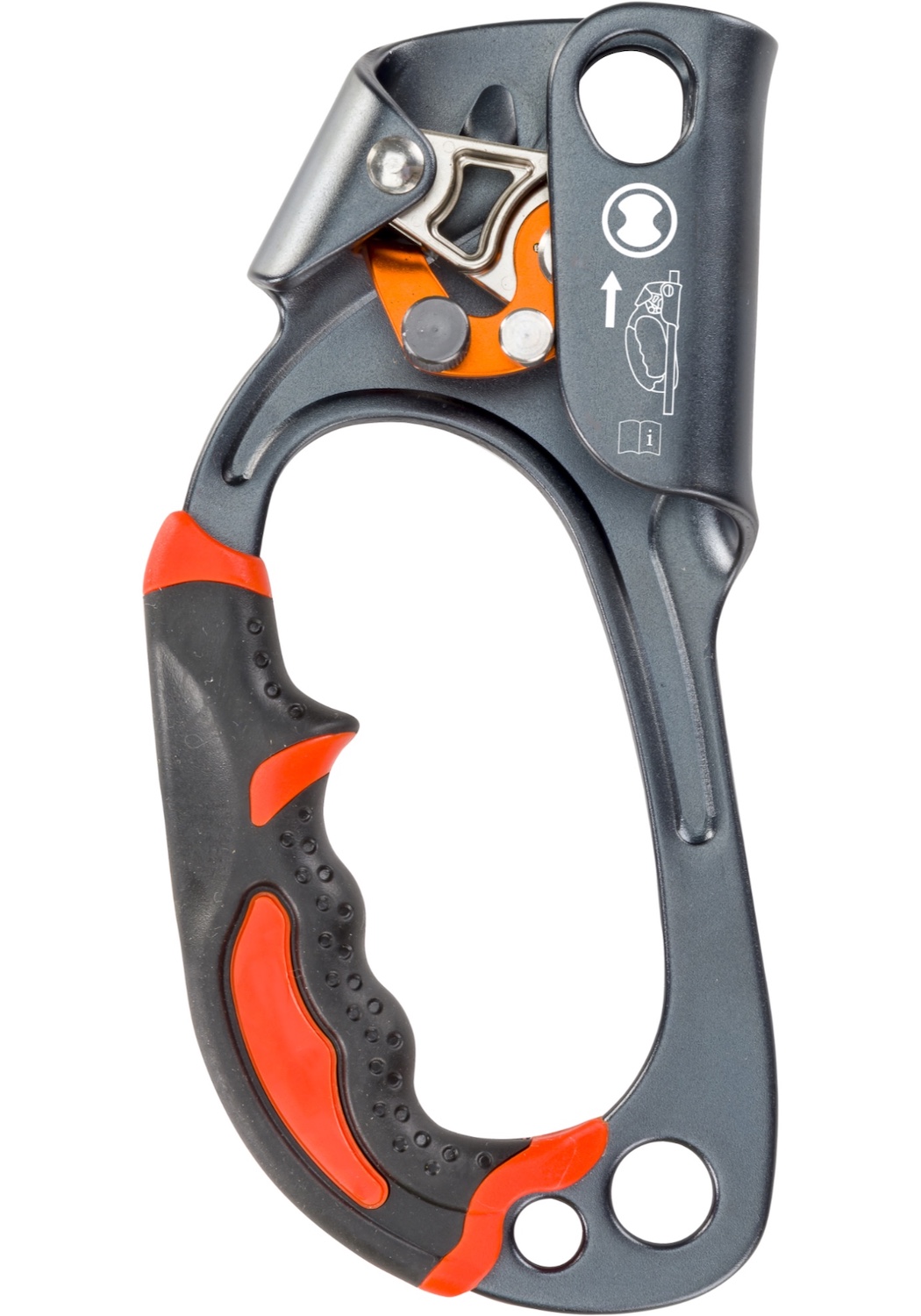 Sicherheitskarabiner mit ergonomischem Griff und Sicherheitsmechanismus für Kletter- und Sicherungsaktivitäten.