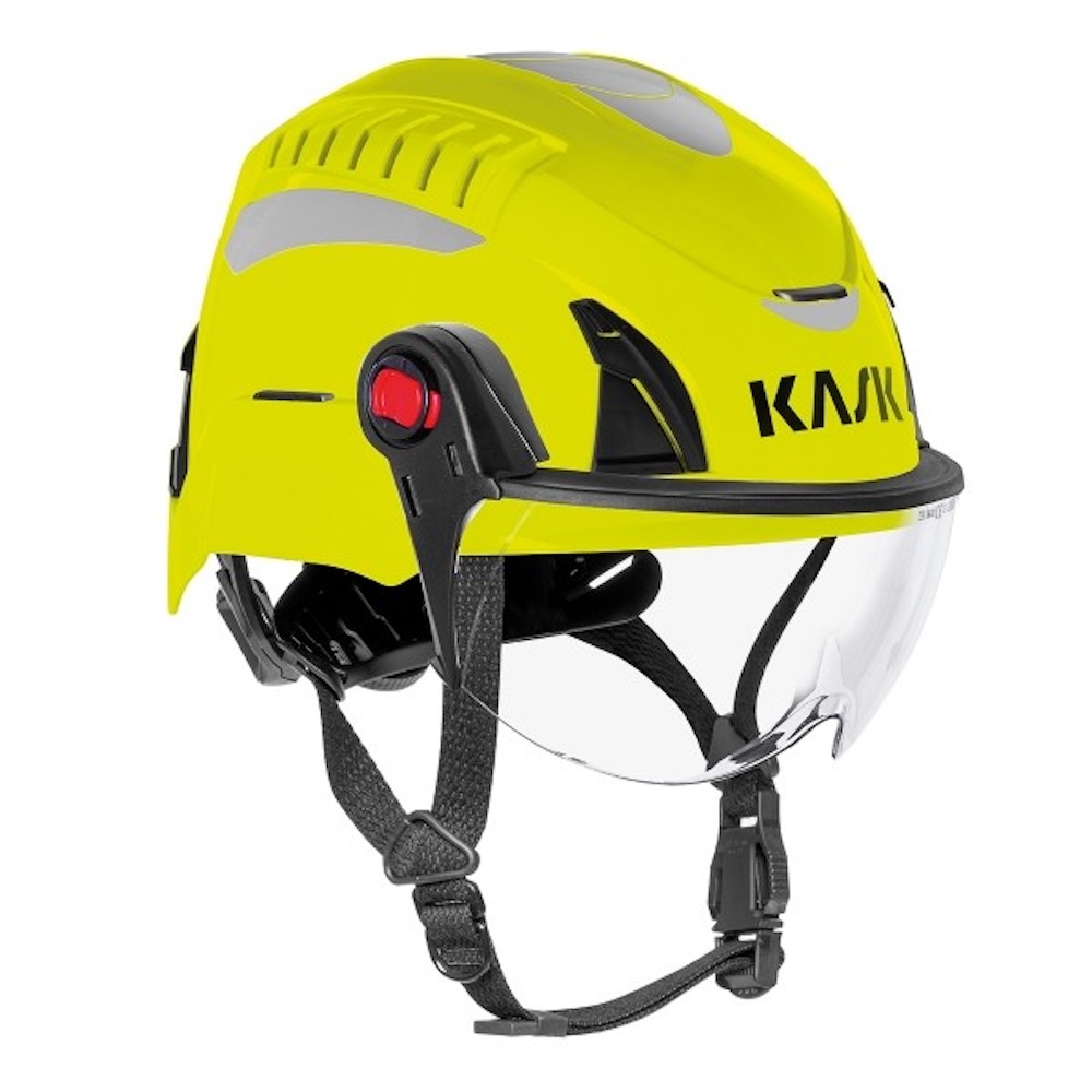 Leuchtend gelber Kask Helm mit Visier, ideal für Sicherheits- und Bauarbeiten, bietet optimalen Schutz.