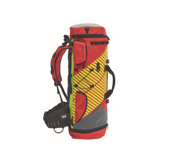 Bunter Rucksack mit gelben und roten Streifen, ideal für Outdoor-Aktivitäten und Sport.