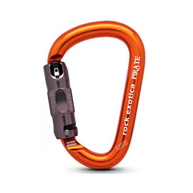Oranger Kletterkarabiner mit Schraubverschluss von Rock Exotica, Modell Pirate, für sicheres Klettern und Outdoor-Aktivitäten.