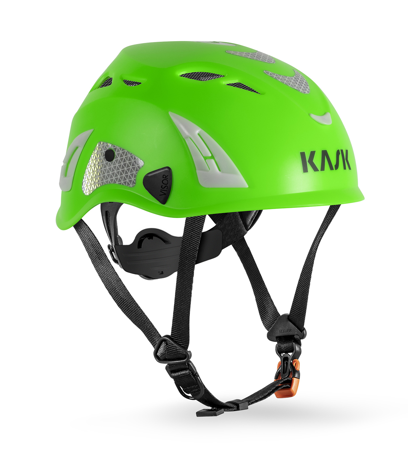 Grüner Kask Helm für Klettern und Bergsport mit verstellbaren Riemen und Belüftungslöchern.
