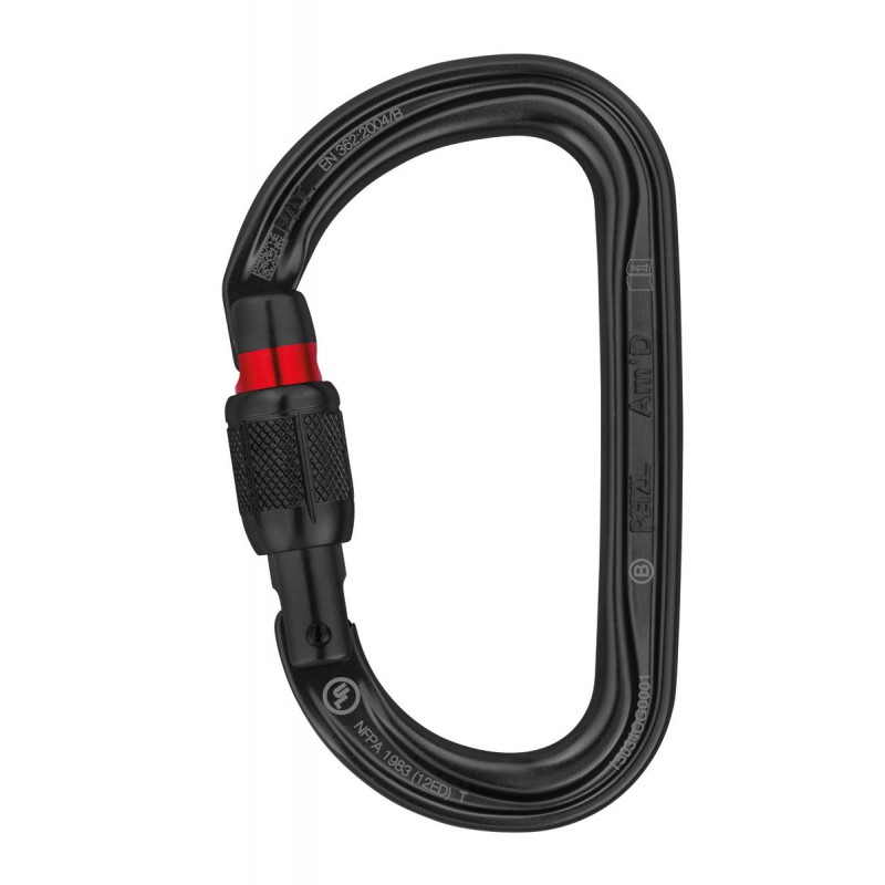 Schwarzer Karabiner mit rotem Verschluss, ideal für Klettern und Outdoor-Aktivitäten.