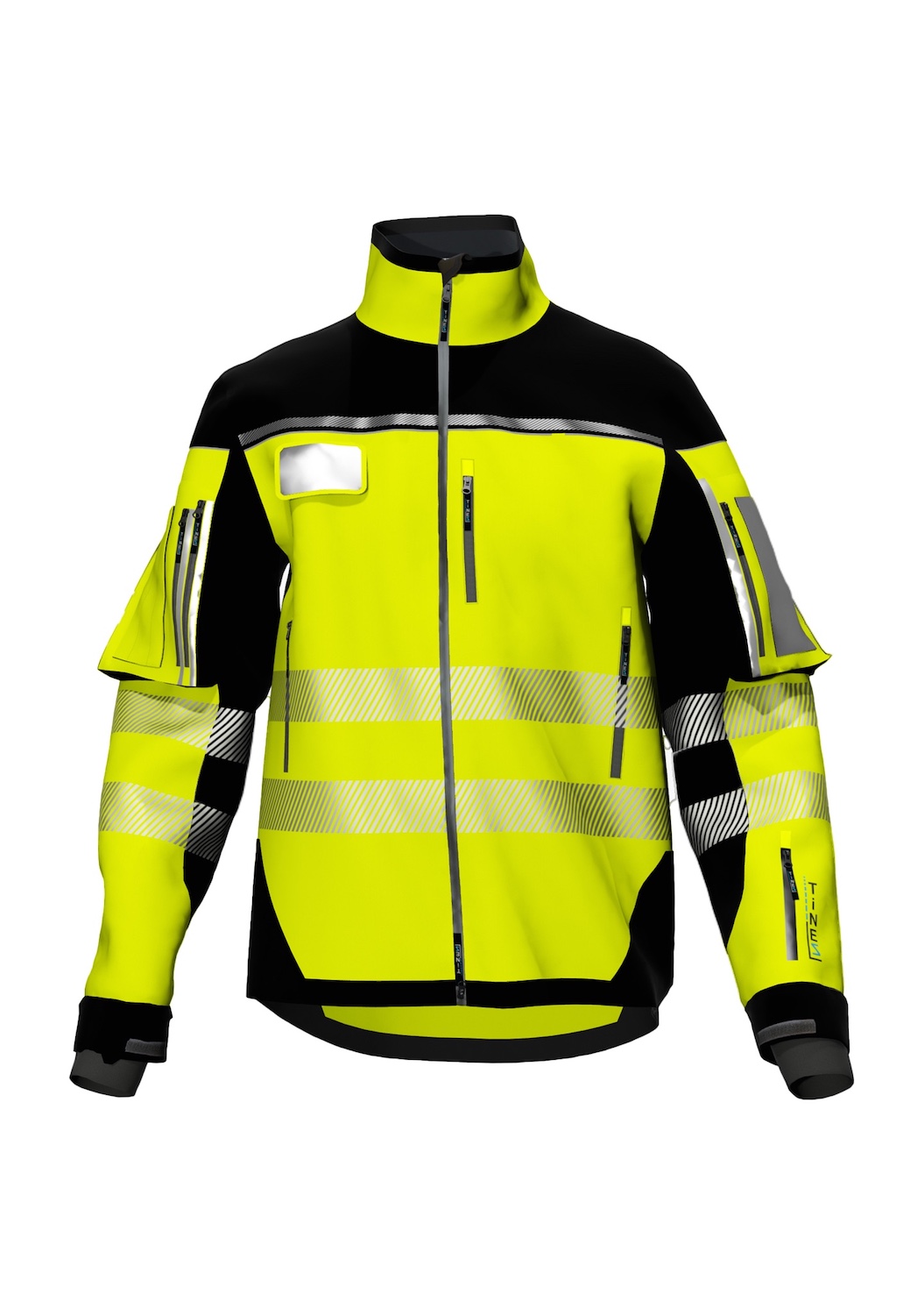 Hochsichtbare Sicherheitsjacke in Gelb und Schwarz mit reflektierenden Streifen und Taschen.