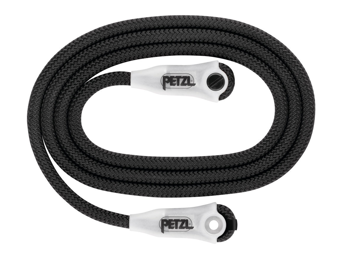 Schwarzes Petzl Seil mit weißen Enden, ideal für Kletter- und Outdoor-Aktivitäten.