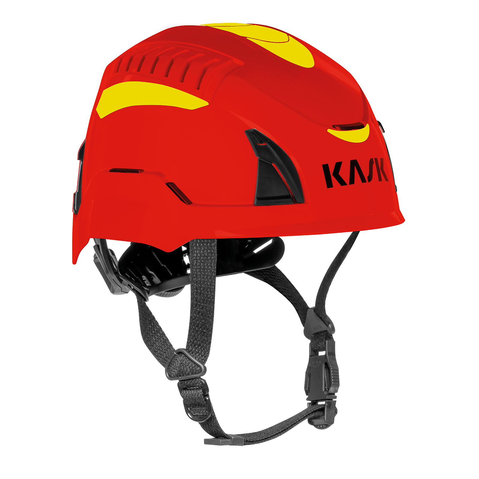 Kask Sicherheitshelm in Rot mit gelben Akzenten, ideal für Arbeitssicherheit und Outdoor-Aktivitäten.