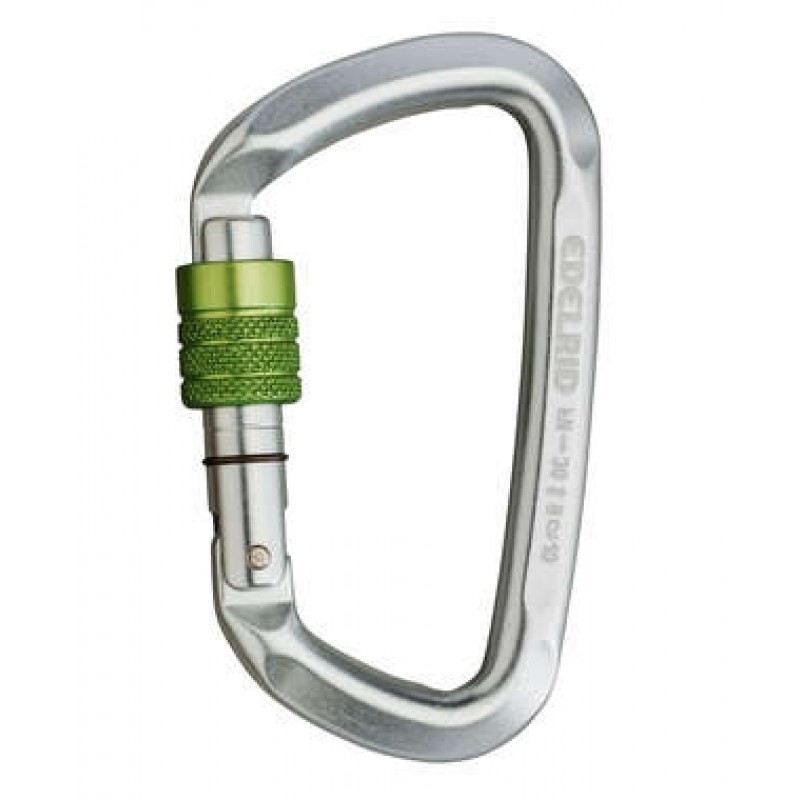 Aluminium-Karabiner mit Schraubsicherung und grünem Verschluss, ideal für Klettern und Outdoor-Aktivitäten.