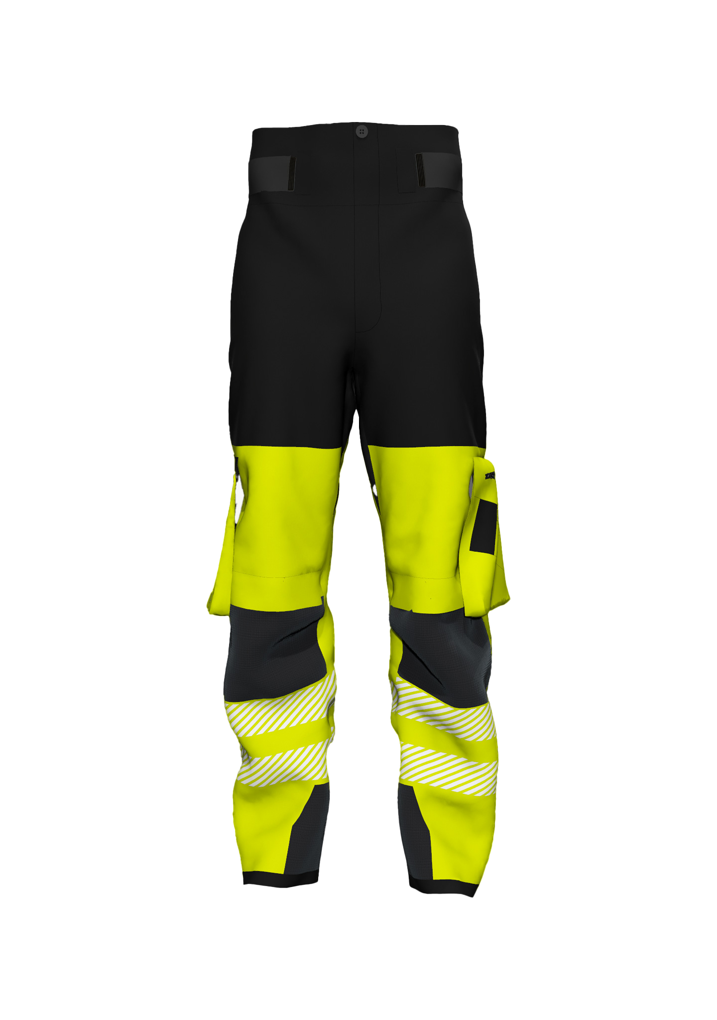 Helle Arbeitsbundhose in Schwarz und Neongelb mit reflektierenden Streifen und Taschen für optimale Sichtbarkeit.