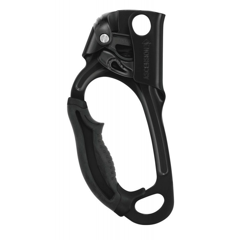 Schwarzfarbiger Klettersteig-Ascender mit ergonomischem Griff und Sicherheitsmechanismus für Bergsteiger.