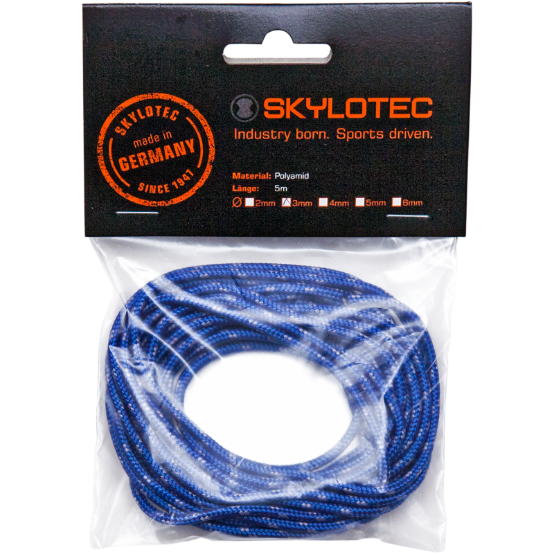 Blaues Polyamid-Seil von Skylotec, 5 Meter lang, verpackt in transparenter Folie, made in Germany.