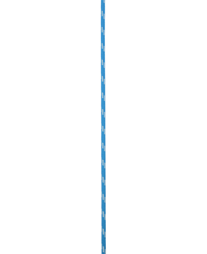Blaue Kletterleine mit weißen Streifen, ideal für Outdoor-Aktivitäten und Sicherheit beim Klettern.