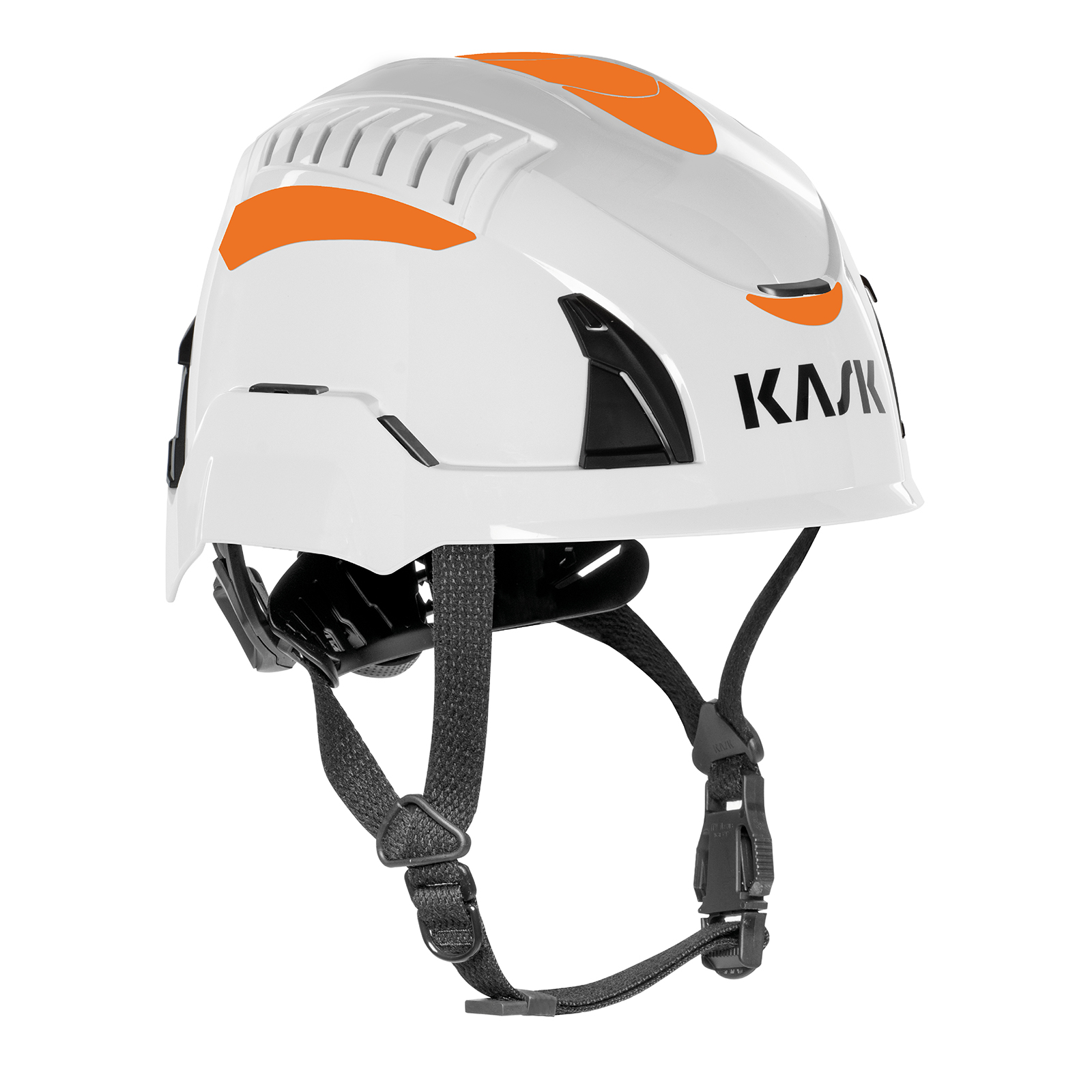 Weißer Kask Helm mit orangefarbenen Akzenten, ideal für Sicherheit und Schutz bei Arbeiten in der Höhe.