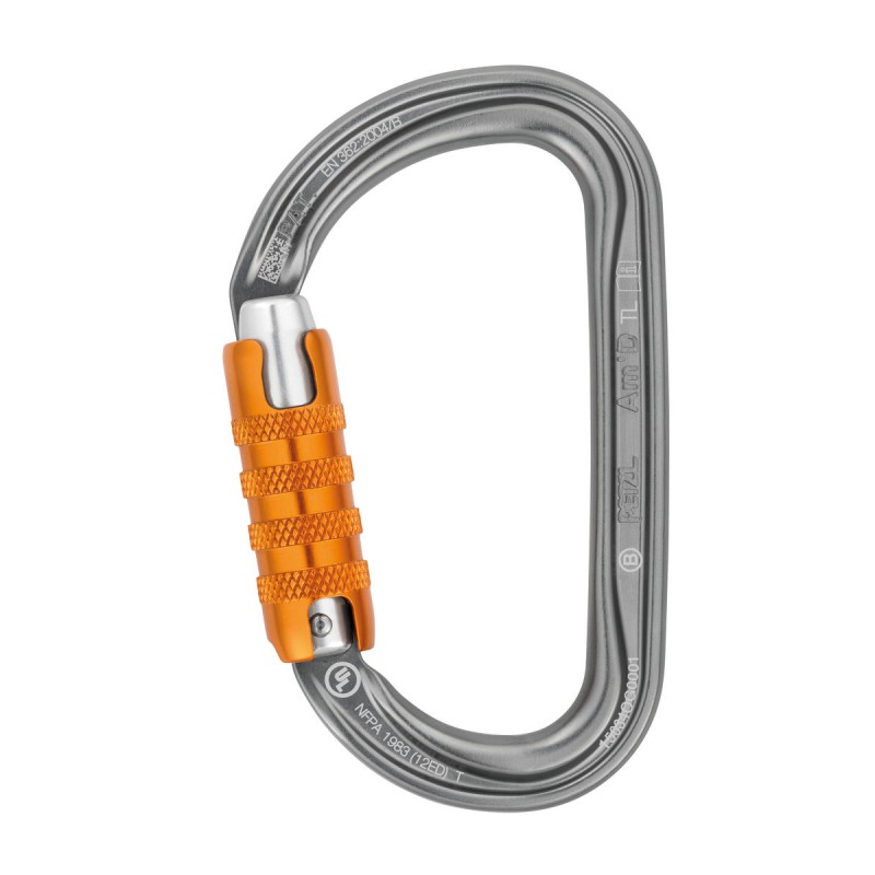 Sicherheitskarabiner aus Aluminium mit orangefarbener Schraubverschluss, ideal für Klettern und Outdoor-Aktivitäten.