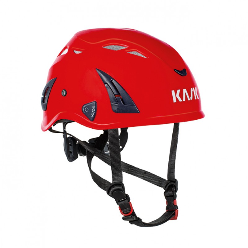Roter Kask Helm für Klettern und Bergsteigen mit verstellbaren Riemen und Belüftungsöffnungen.