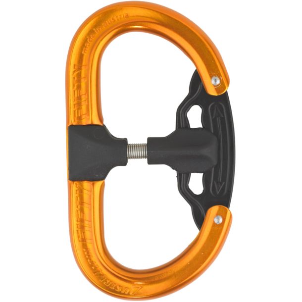 Oranger Karabiner mit schwarzem Verschlussmechanismus für Klettern und Outdoor-Aktivitäten.