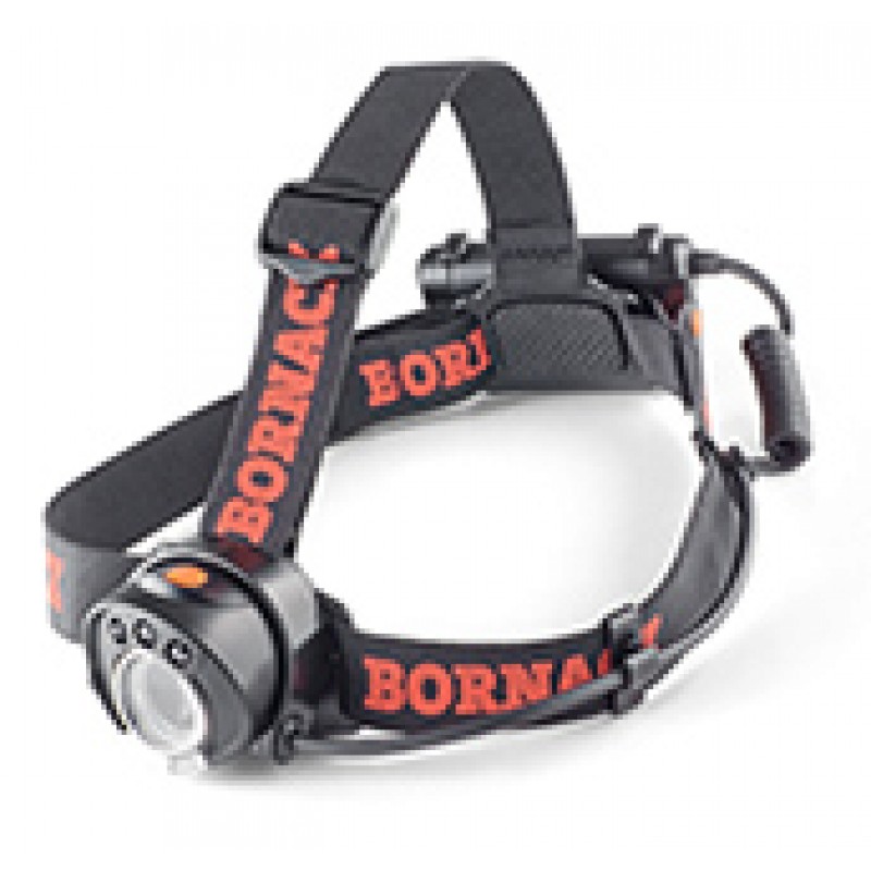 Kopflampe von Bornac mit verstellbarem Band und leistungsstarker LED-Beleuchtung für Outdoor-Aktivitäten.