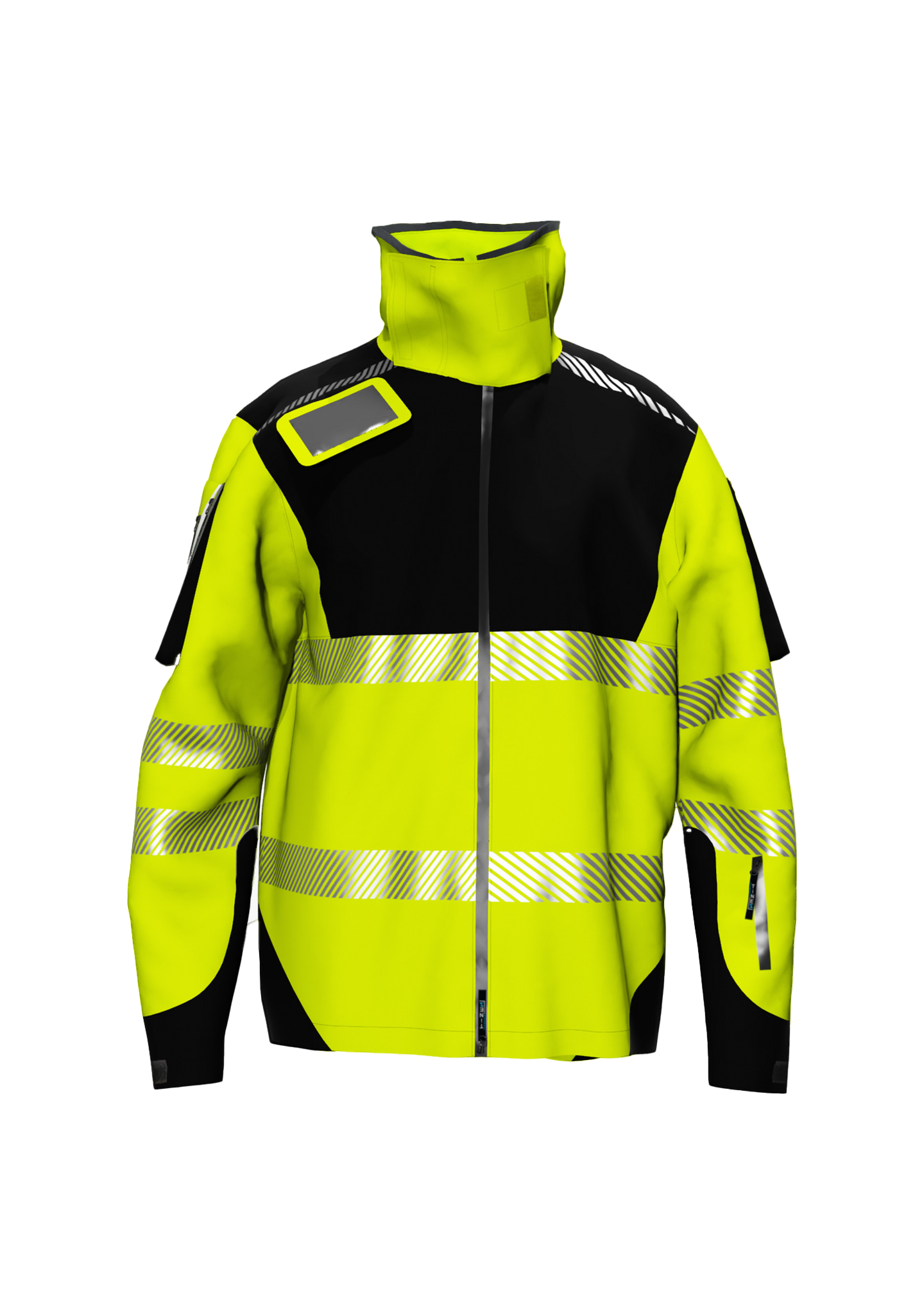 Helle Sicherheitsjacke in Gelb und Schwarz mit reflektierenden Streifen für optimale Sichtbarkeit.