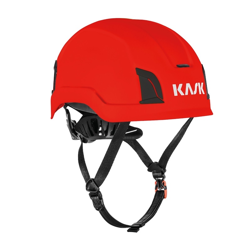 Roter Kask Helm für Sicherheit und Schutz, ideal für Kletterer und Bauarbeiter, mit verstellbarem Riemen.