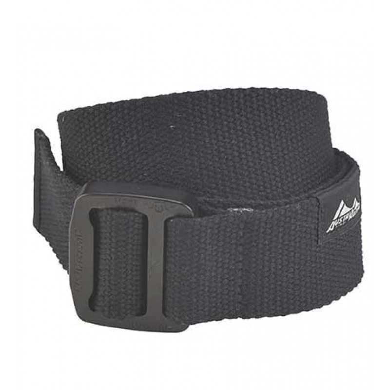 Schwarzer Gürtel aus robustem Material mit schwarzer Schnalle, ideal für Outdoor-Aktivitäten und Freizeitmode.