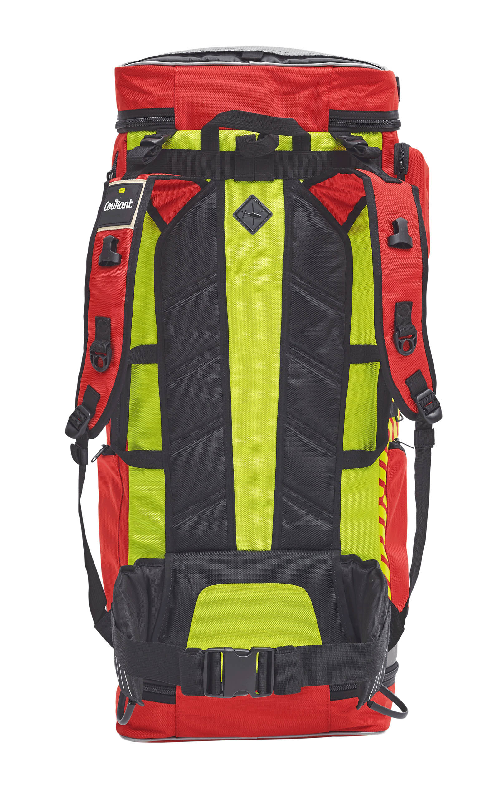Roter und grüner Rucksack mit ergonomischem Design und mehreren Tragegurten für Outdoor-Aktivitäten.
