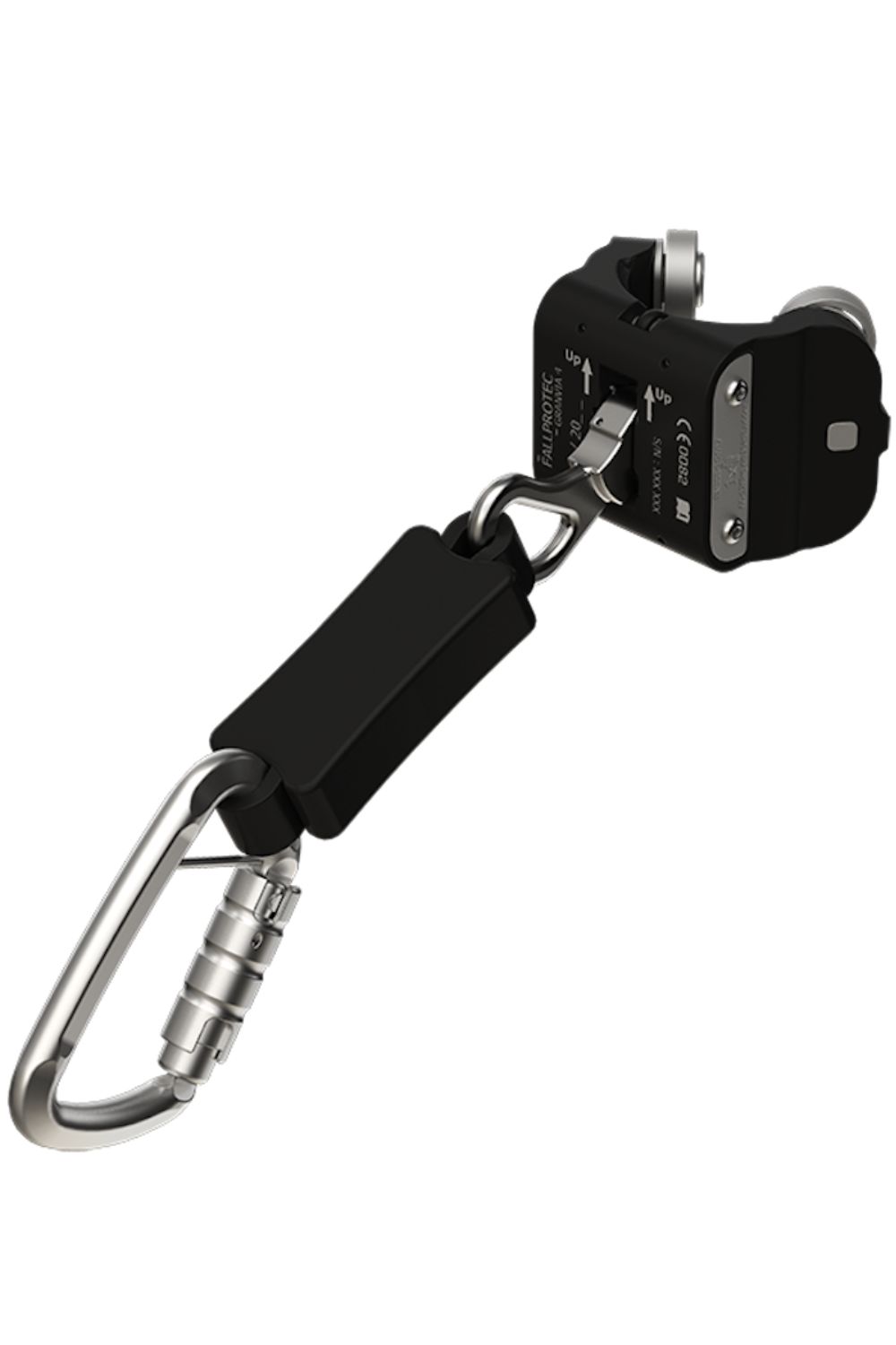 Schwarz-silberner Karabiner mit Sicherheitsmechanismus für Klettern und Outdoor-Aktivitäten.