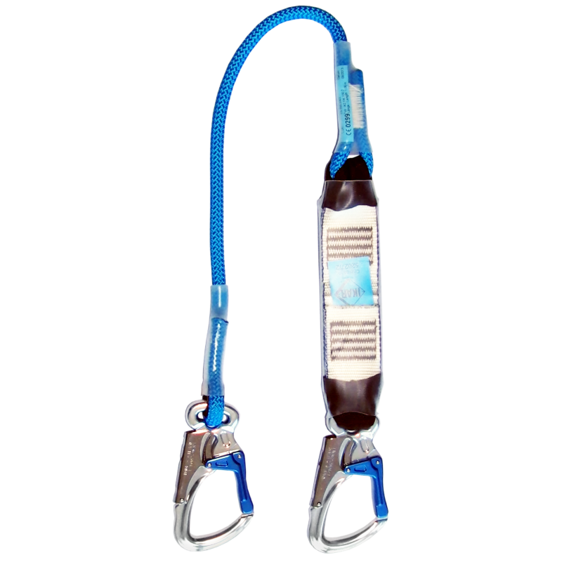 Sicherheitsausrüstung: Zwei Karabinerhaken mit einem Verbindungselement und einem elastischen Seil für Kletterer.