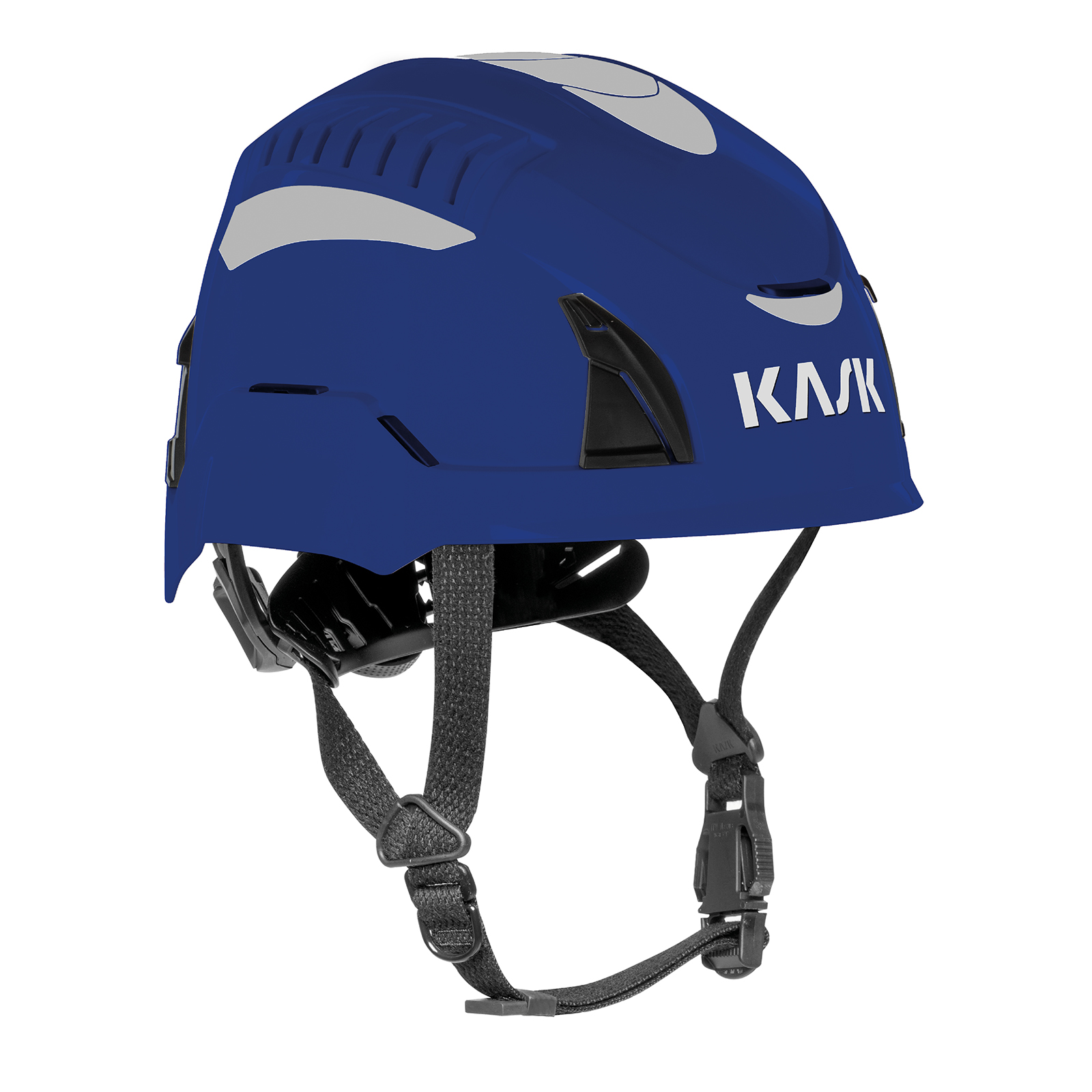 Blauer Kask Helm mit reflektierenden Elementen für Sicherheit und Komfort beim Arbeiten in der Höhe.