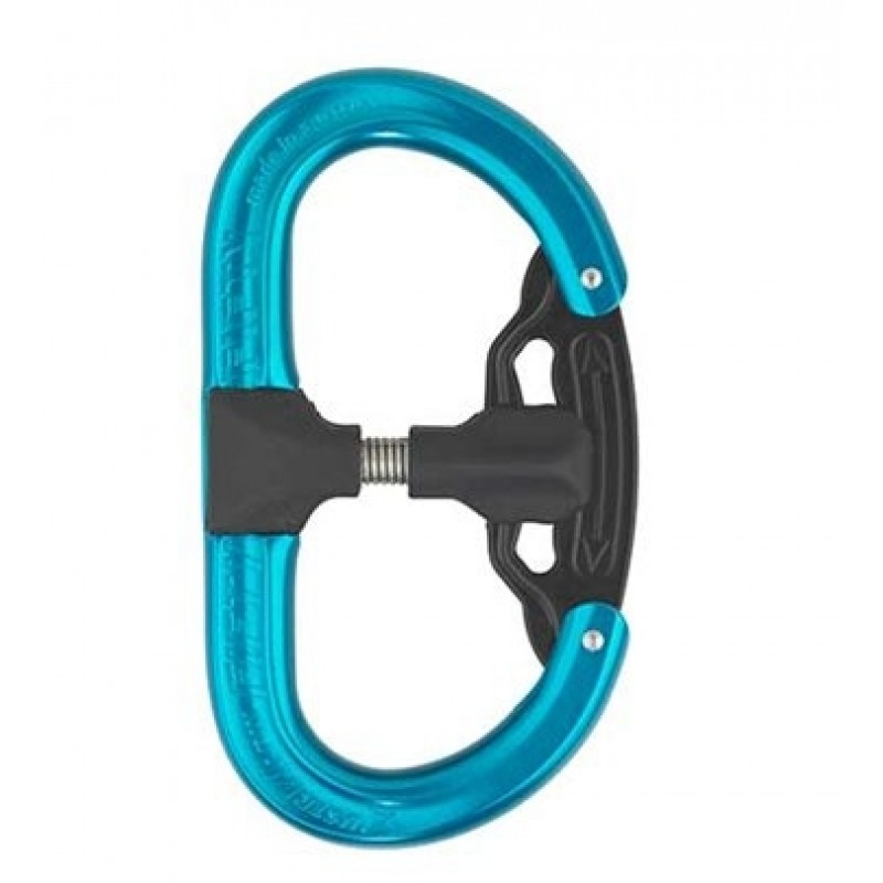 Blauer Karabiner mit schwarzem Verschlussmechanismus für Klettern und Outdoor-Aktivitäten.