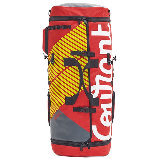 Roter Sportrucksack mit gelben und grauen Designelementen von der Marke Corrent.