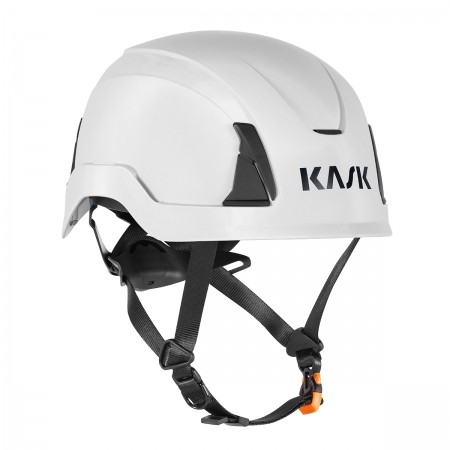 Weißer Kask Helm für Sicherheit und Schutz bei Arbeiten in Höhen, mit verstellbaren Riemen und modernem Design.